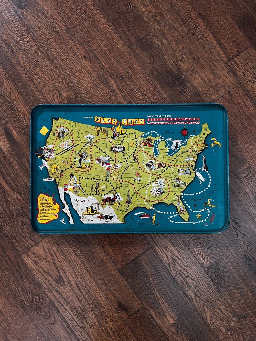 Vintage Metal Childs TV Tray - Replogle Play-Tray USA Map Game Mid Century Kids
